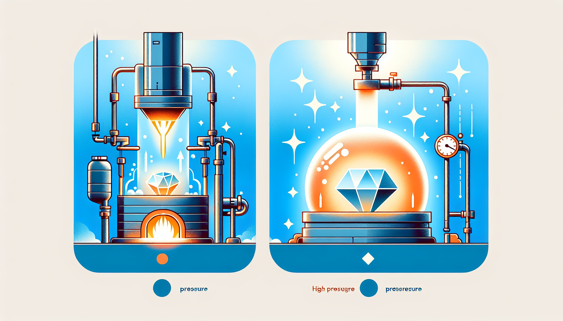Scientific illustration comparing CVD vacuum chamber process (left) and HPHT high-pressure press process (right) for growing lab diamonds