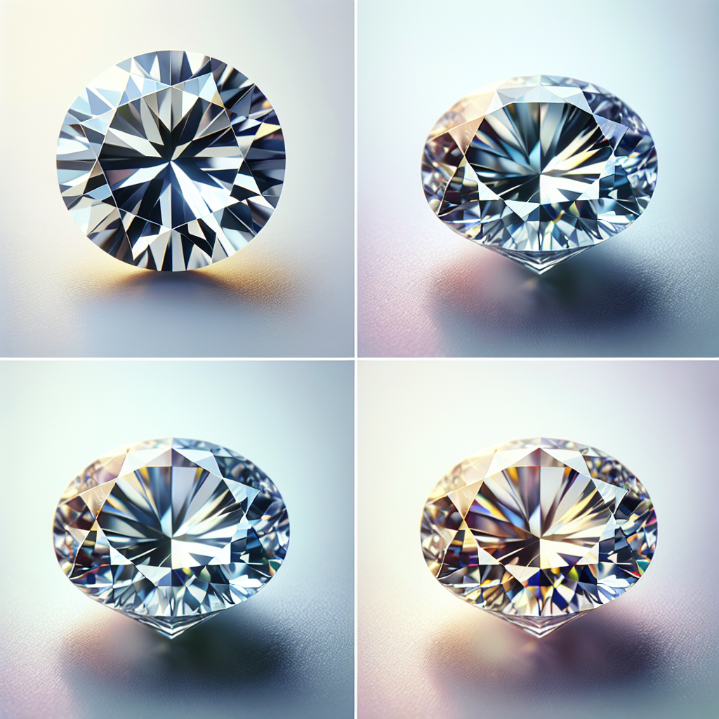 Four diamonds illustrating the 4Cs: cut facets, colour gradient, clarity inclusions, and size comparison