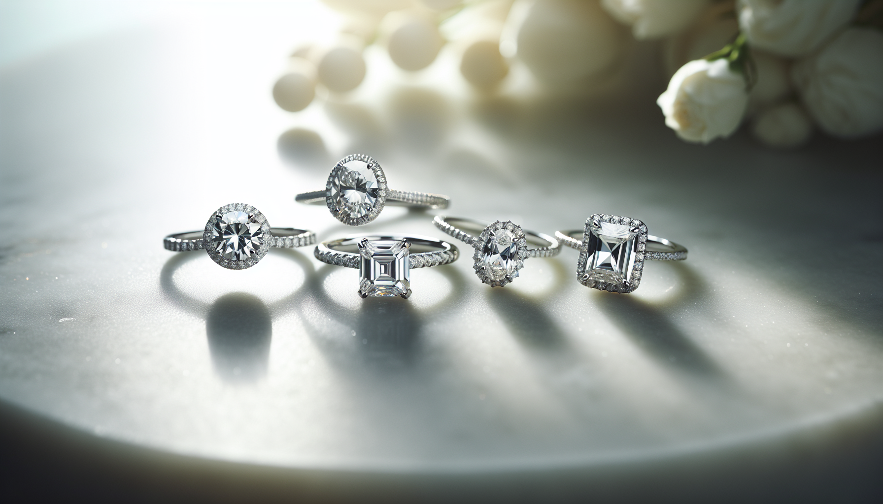 Five engagement ring styles on white marble: round solitaire, oval halo, princess cut, emerald cut, cushion cut