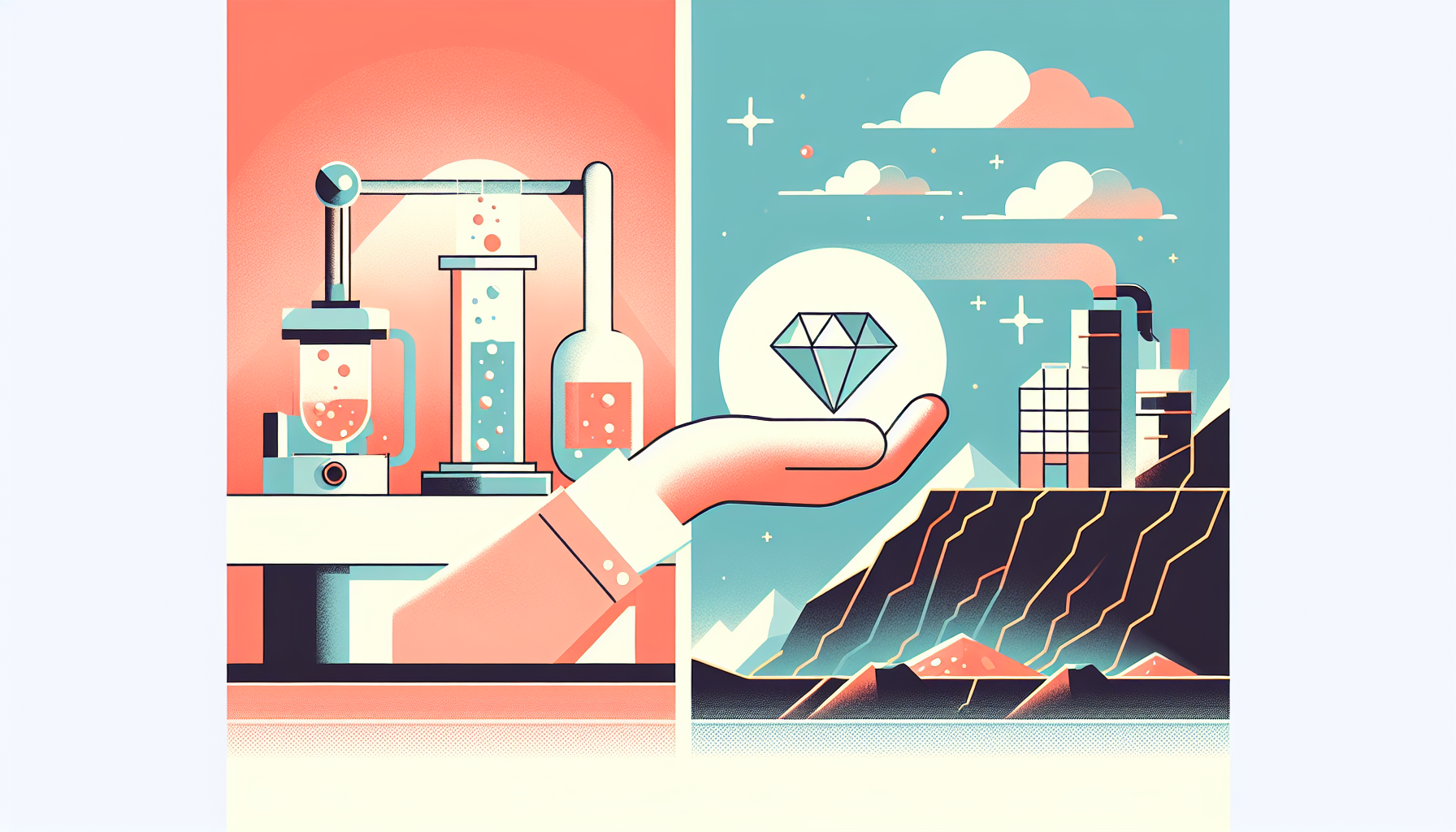 Split illustration comparing pristine laboratory environment for lab-grown diamonds vs open-pit mine for natural diamonds