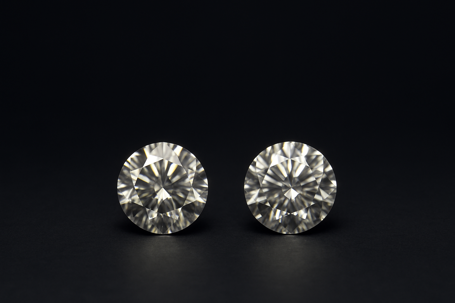 Two round brilliant diamonds side by side on a dark museum surface, one lab-grown and one natural, visually indistinguishable