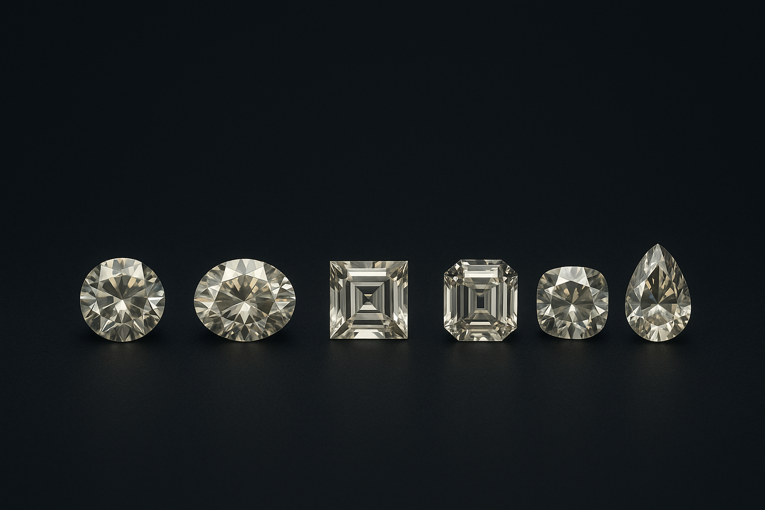 Six loose faceted diamonds in different cuts arranged on a dark surface: round brilliant, oval, princess, emerald step-cut, cushion, pear